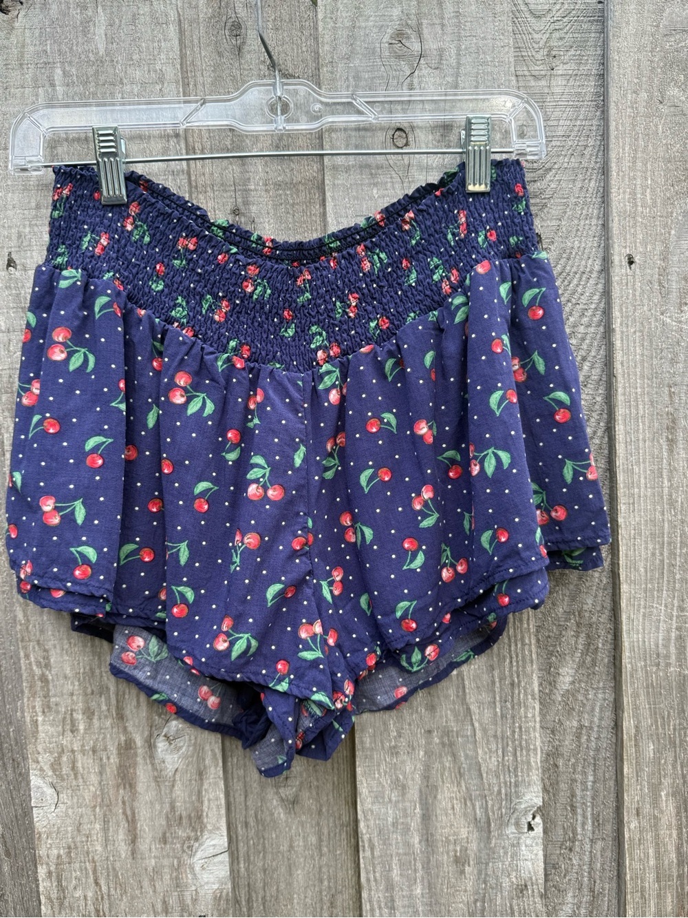 Lucca Cherry Print Smocked Flowy Shorts Skort Style Navy Blue Size Small
